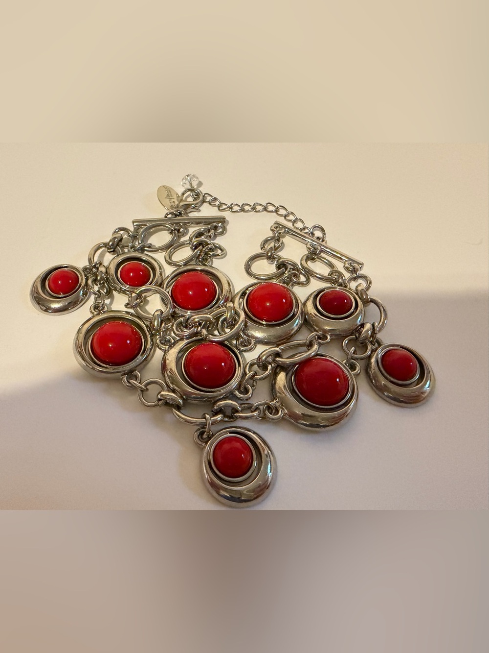 White House Black Market Silver-Link Bracelet with Red Cabochons